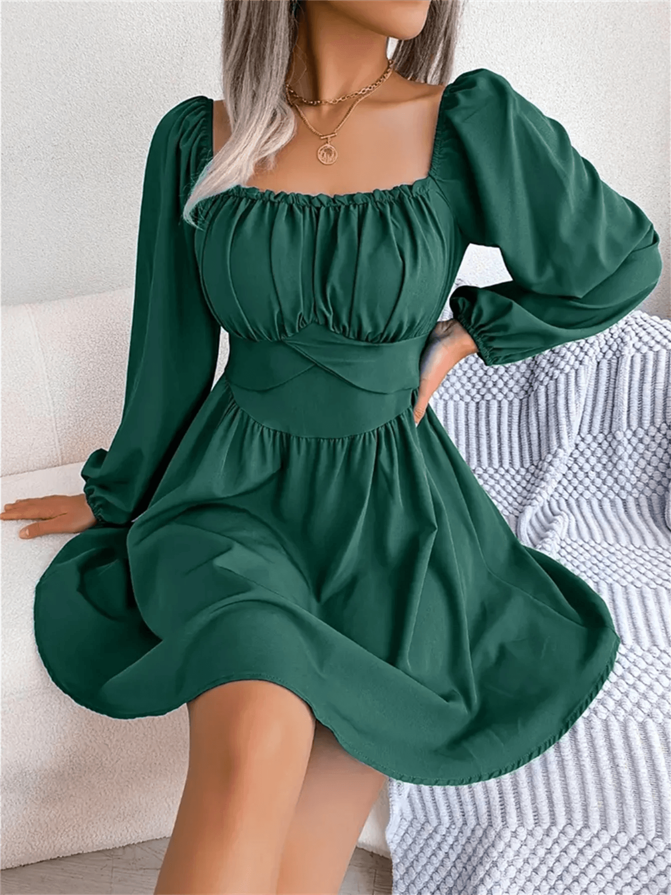 Casual Ruched Square Neck Dress - Long Sleeve Ruffle Trim for Women - Buy Center