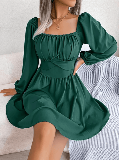 Casual Ruched Square Neck Dress - Long Sleeve Ruffle Trim for Women - Buy Center