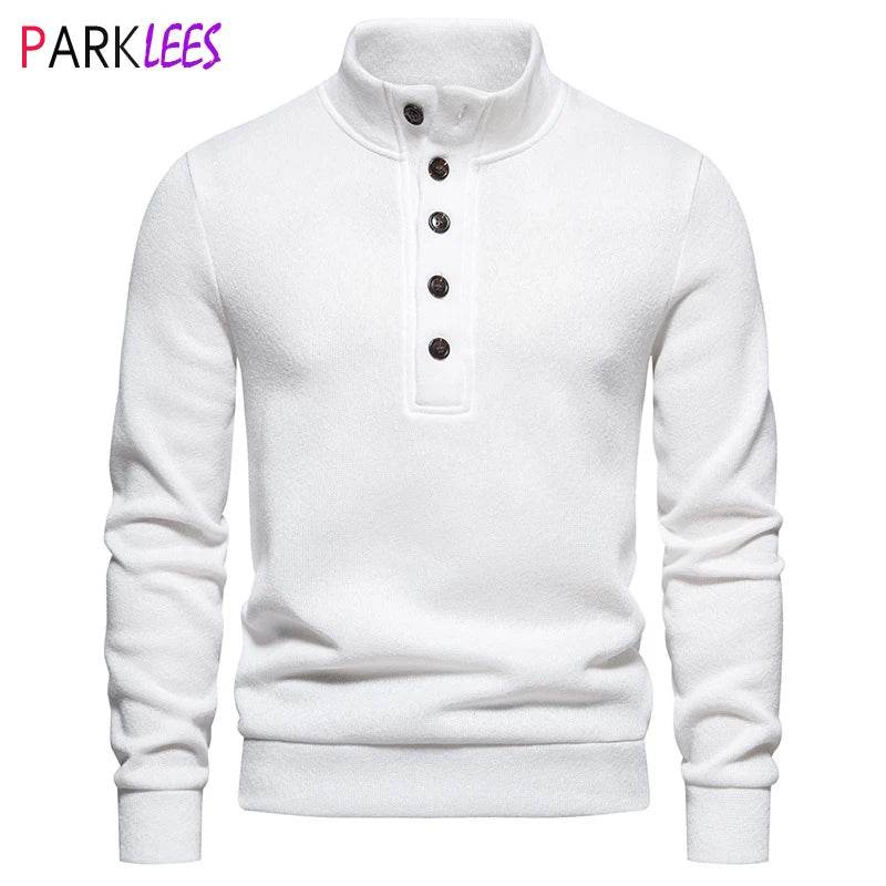 White Turtleneck Button Down Sweater for Men Autumn Winter Long Sleeve Knit Sweater Mens Casual Soft Lightweight Bottoming Shirt - Buy Center