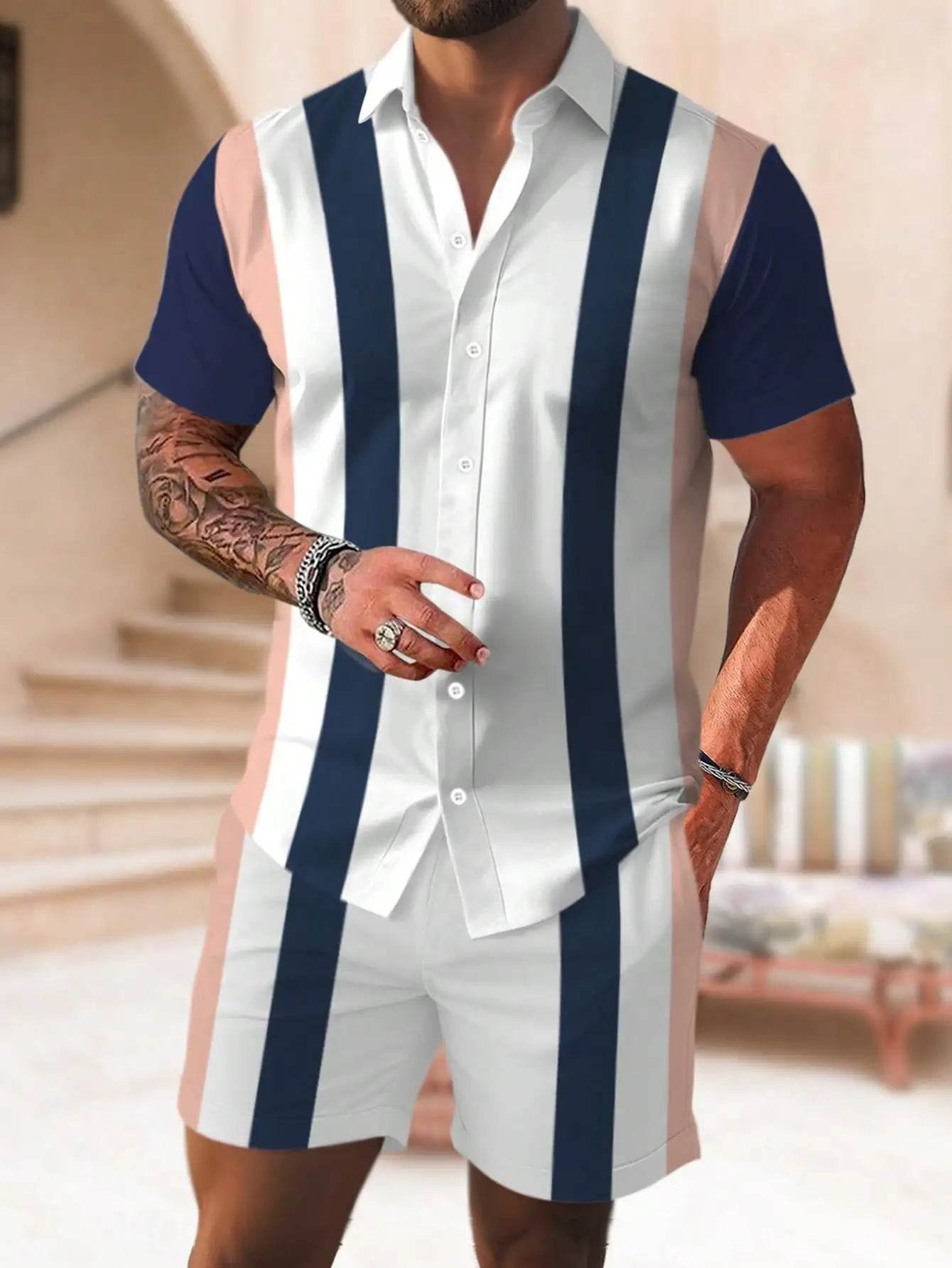 Men's Summer Stripe 3D Print Shirt & Drawstring Shorts Set - Buy Center