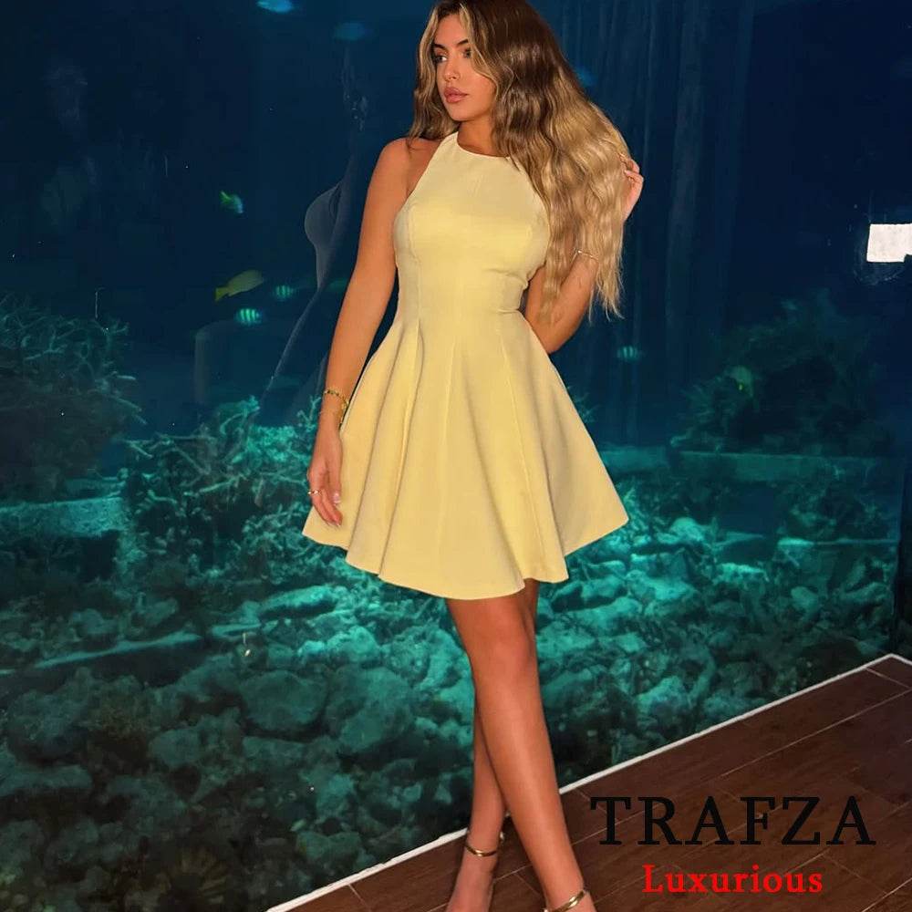 TRAFZA Chic Yellow Ruffle Halter Dress - Elegant Mini for Women - Buy Center