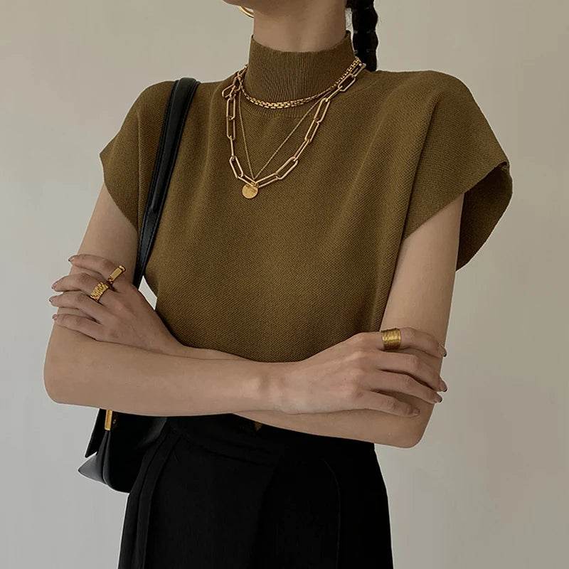 Stylish Turtleneck Short Sleeve Sweater - Casual Women Tops 2024 - Buy Center