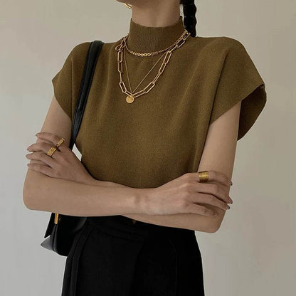 Stylish Turtleneck Short Sleeve Sweater - Casual Women Tops 2024 - Buy Center