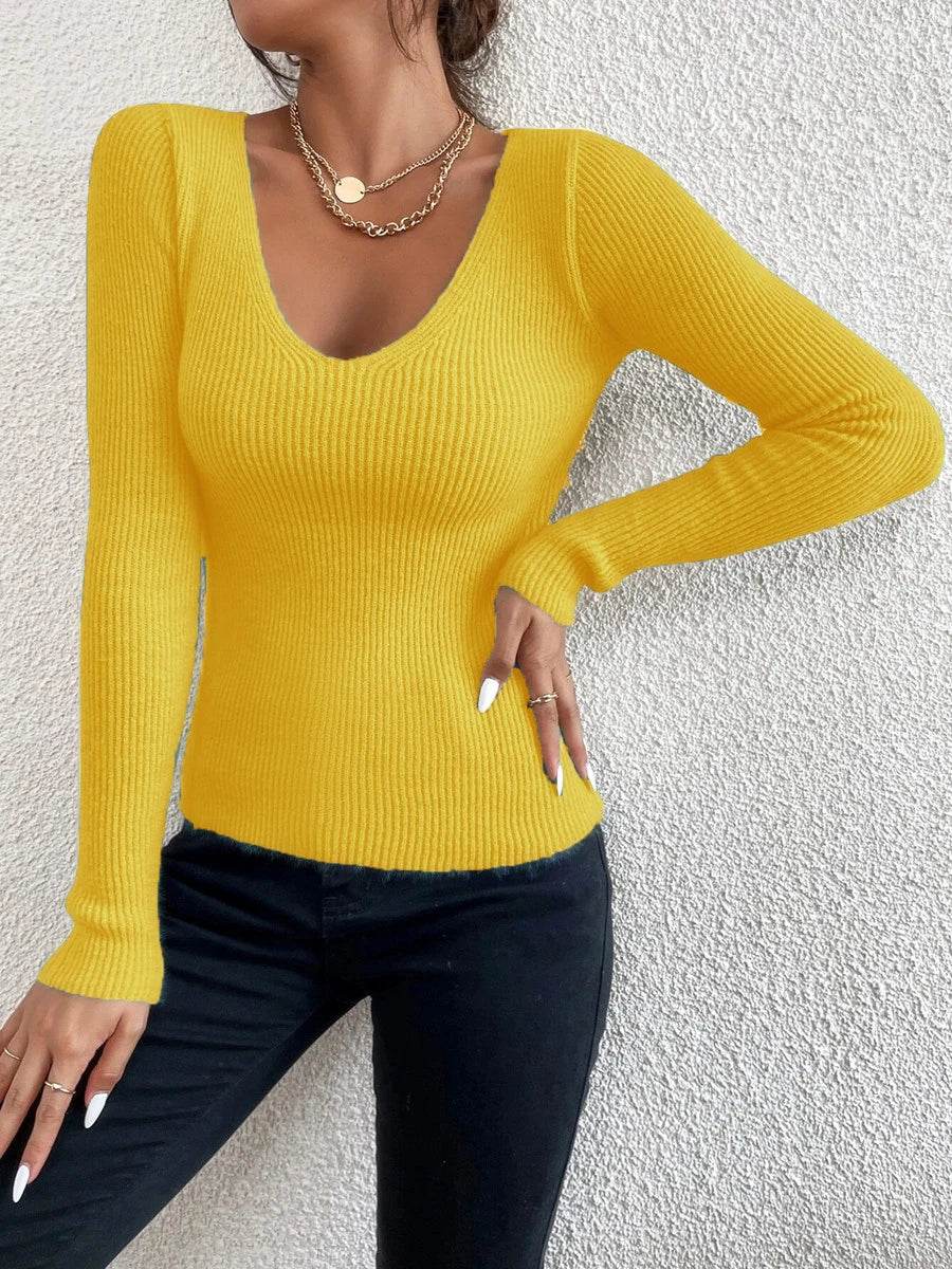 Cropped Top Lady Women’s V-Neck Striped Rib Knit Pullover Sweater - Buy Center