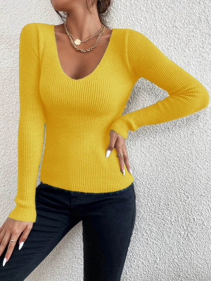 Cropped Top Lady Women’s V-Neck Striped Rib Knit Pullover Sweater - Buy Center