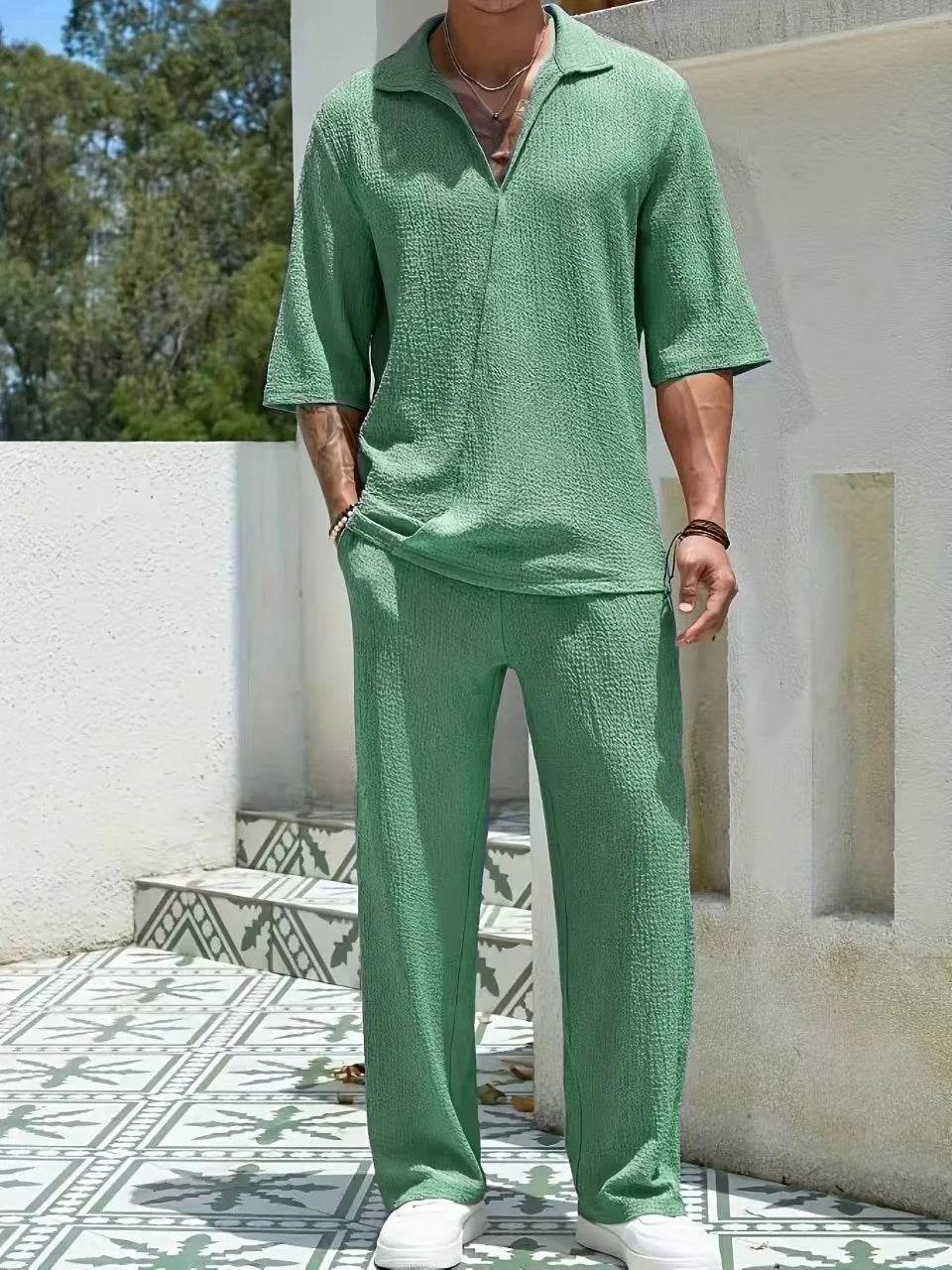 Men's Spring V-Neck Half-Sleeve Shirt & Pants Solid Color Suit - Buy Center