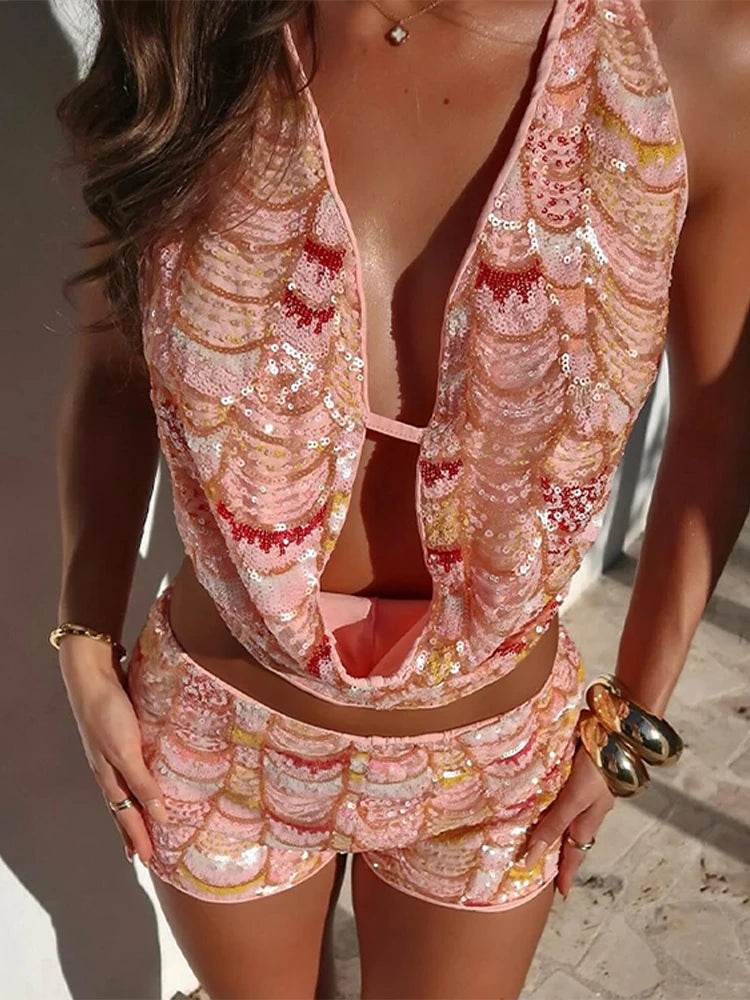 Women's Sequined Halter Vest Shorts Set - Sexy Summer Party Outfit - Buy Center