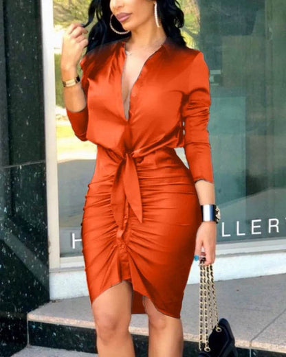 Elegant Women's Long Sleeve Button-Down Shirt Dress - Mini Length - Buy Center