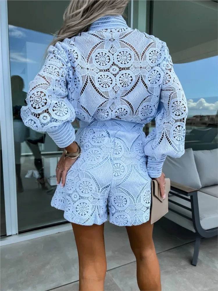 Elegant Vintage White Lace Shirt & Shorts Set for Women - Spring/Summer - Buy Center