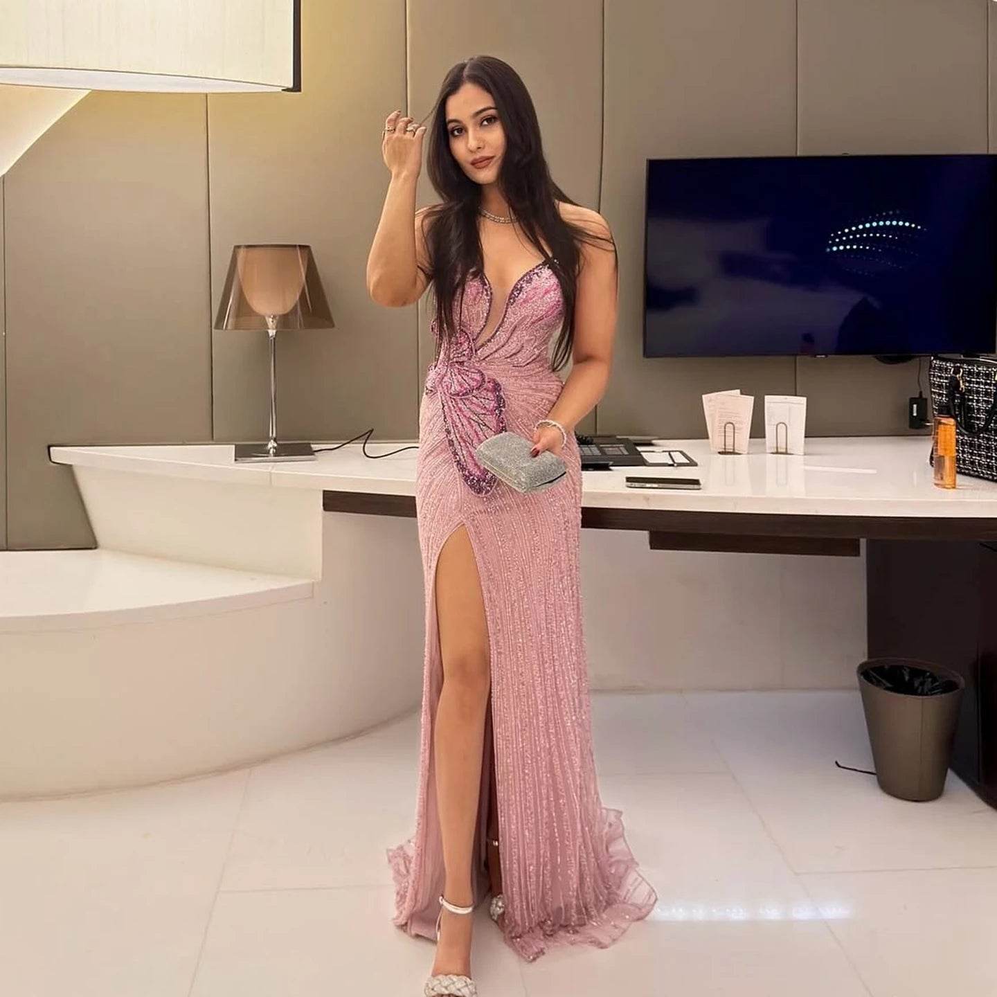 Sharon Said Pink Mermaid Evening Gown - Elegant Beaded Prom Dress - Buy Center