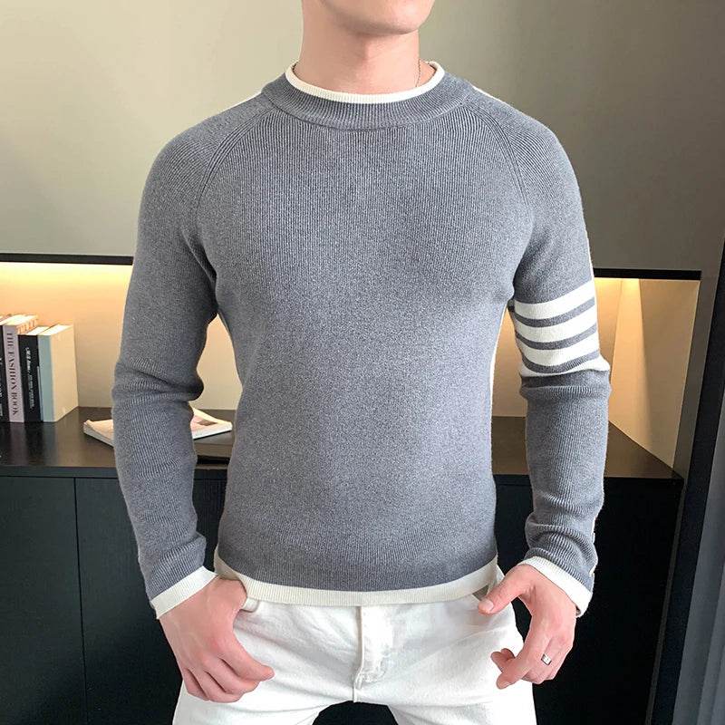 Brand Striped Knitted Sweaters Men Long Sleeve Slim Casual Business Knittwear Pullovers Versatile Social Streetwear Base Shirt - Buy Center