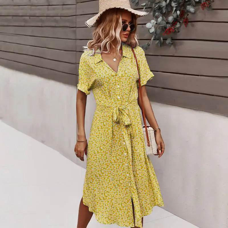 Bohemian Floral Print Midi Dress - Short Sleeve V-Neck Women's Wear - Buy Center
