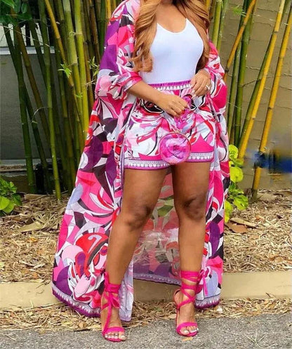 Kalenmos Women's Abstract Print Batwing Sleeve Cardigan & Shorts Set - Buy Center