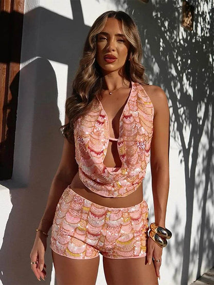 Women's Sequined Halter Vest Shorts Set - Sexy Summer Party Outfit - Buy Center