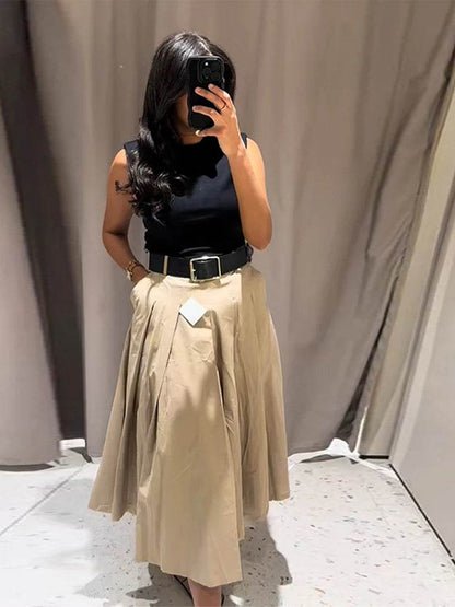 Chic Patchwork Pleated Maxi Dress - High Waist Sleeveless Style - Buy Center