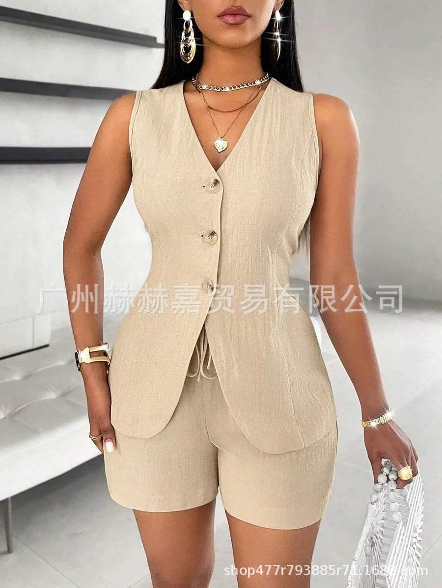 Stylish Women's V-neck Shorts Set - Solid Color, Sleeveless Design - Buy Center