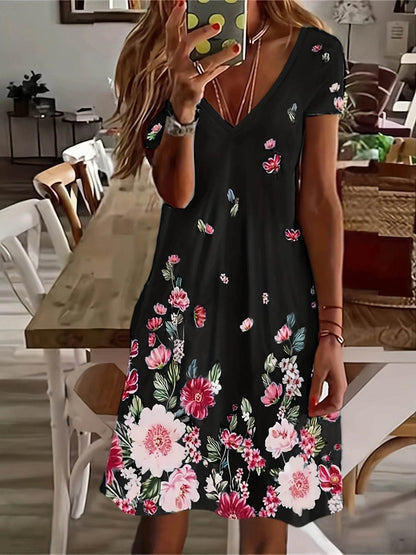 Chic Floral Knee-High Dress - V-Neck Casual Wear for All Seasons - Buy Center