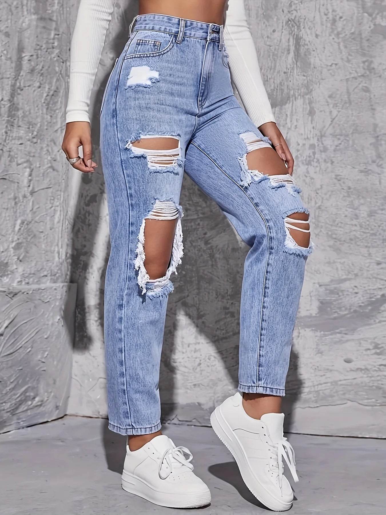 American Retro High Waist Hole-Punched Jeans for Women - Loose Fit - Buy Center