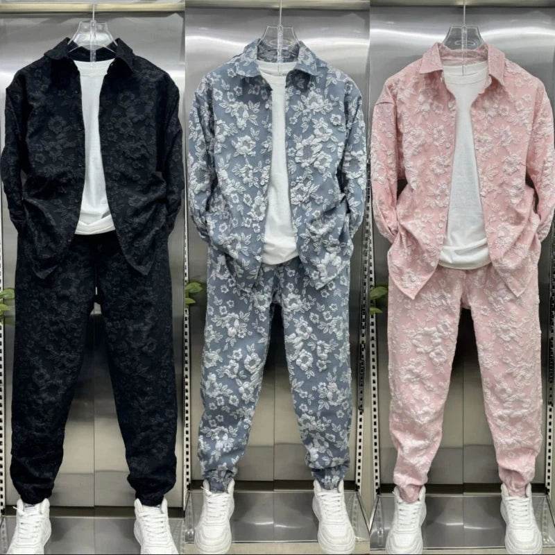 Trendy 3D Jacquard Shirt Jacket & Pants Set for Men - Casual Sports Suit - Buy Center