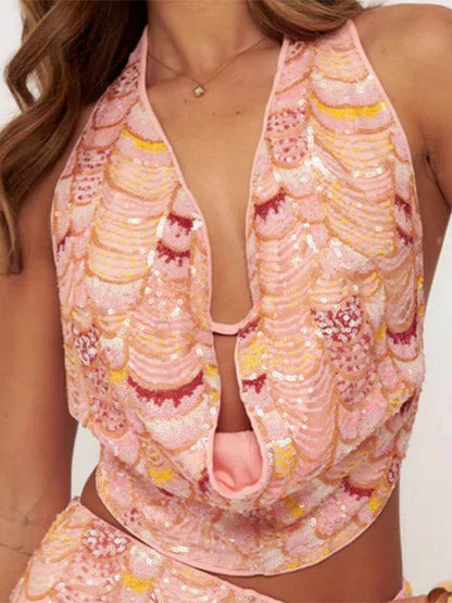 Women's Sequined Halter Vest Shorts Set - Sexy Summer Party Outfit - Buy Center