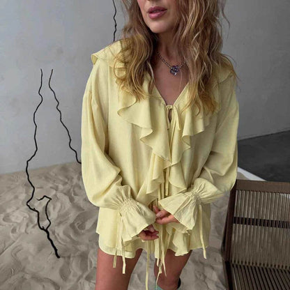 Tuularose Women's Ruffled Tie Top & Shorts Set - Casual Office Style - Buy Center