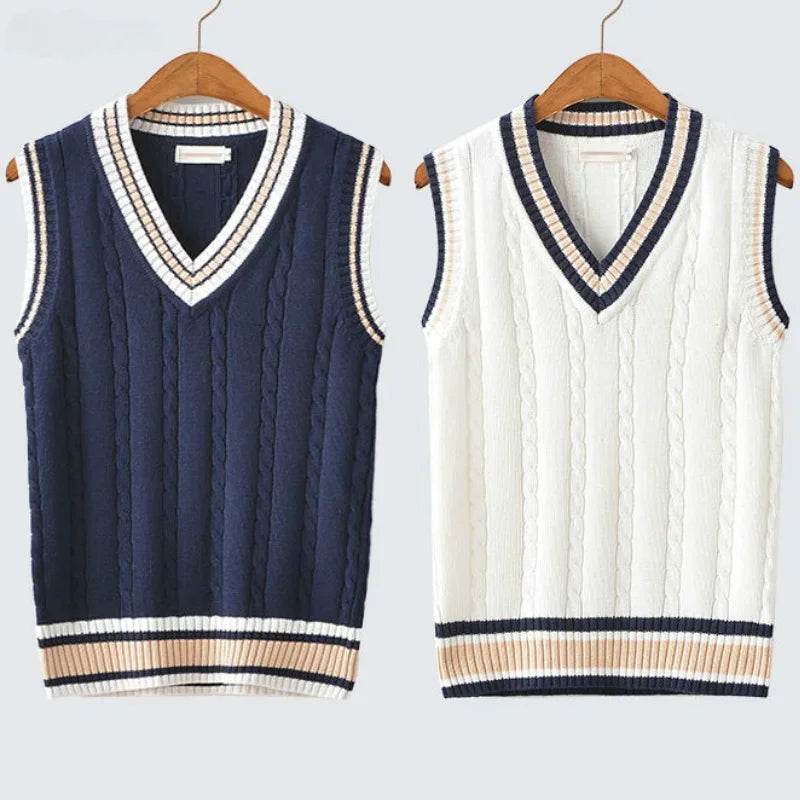 Sweater Vest Men Thicken V-neck Sleeveless Knitted Sweaters Vests Striped Retro Preppy-style Simple Chic Loose Casual All-match - Buy Center