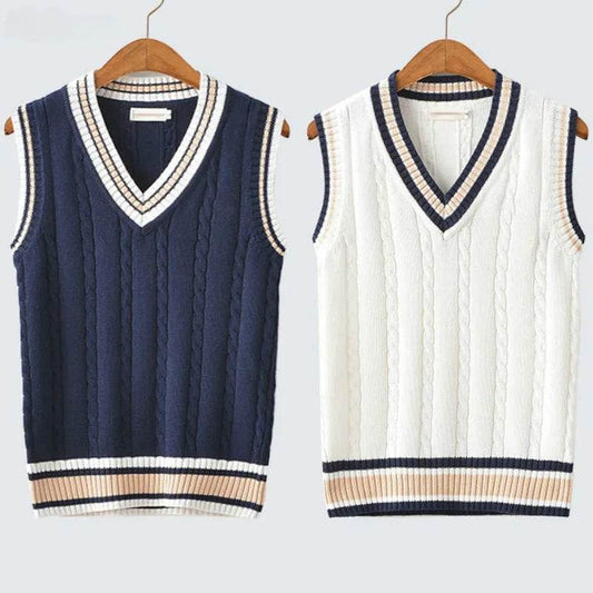 Sweater Vest Men Thicken V-neck Sleeveless Knitted Sweaters Vests Striped Retro Preppy-style Simple Chic Loose Casual All-match - Buy Center