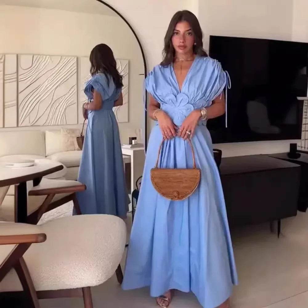 Elegant Blue V-Neck Long Dress - Waist-Fitted Bow Decor for Women - Buy Center