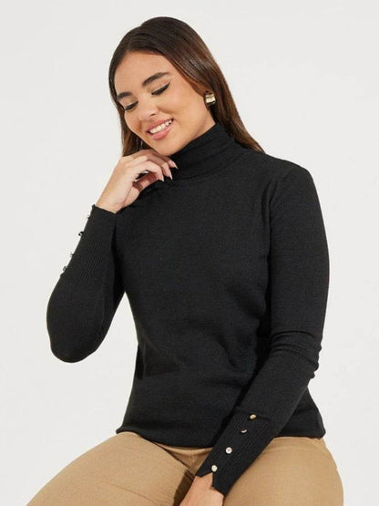 Women's Cropped Turtleneck Sweater with Buttons - Casual Knit Pullover - Buy Center