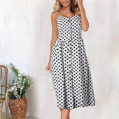 Women's Beach Print Midi Dress - Spaghetti Strap V-Neck Style - Buy Center