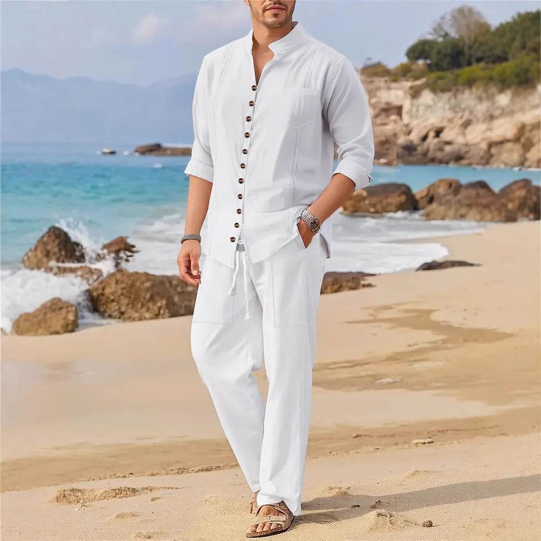 BOILEN HENG XIN Men's Casual Cuban Shirt Set - Spring Beach Style - Buy Center