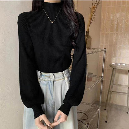 FIGOHR Women's Ribbed Turtleneck Pullover - Lantern Sleeve Sweater - Buy Center