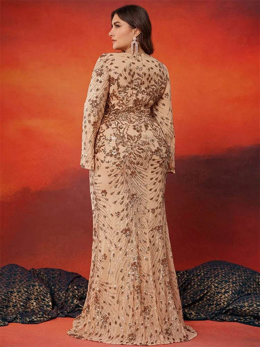 Lucy in Love Plus Size Gold Evening Dress - Long Sleeve Mermaid Gown - Buy Center