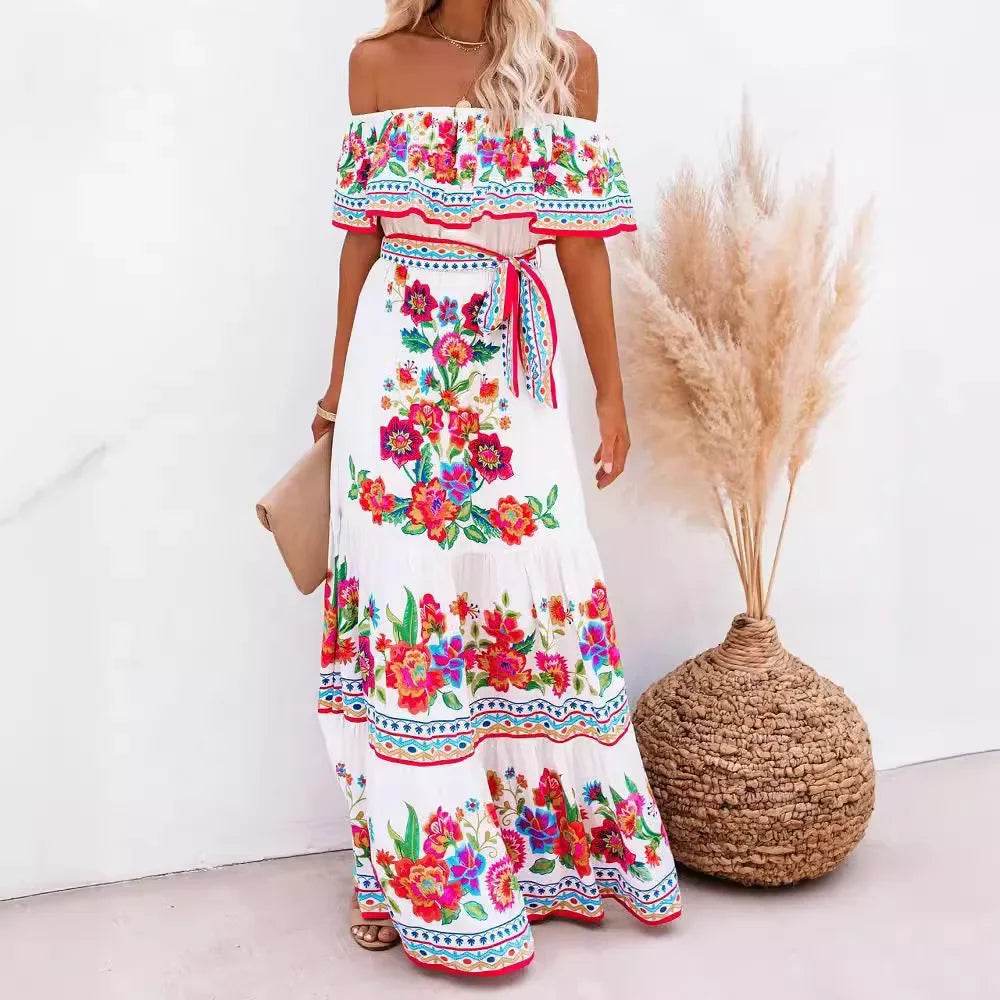 2024 Spring Summer Off-shoulder Red Floral Dress - Loose Fit Style - Buy Center