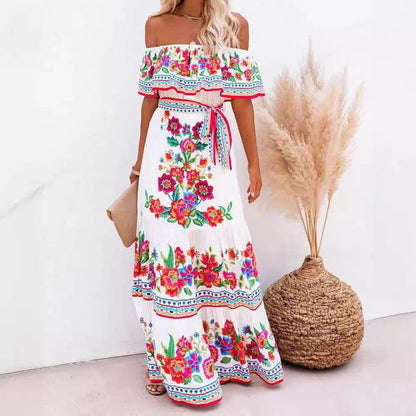 2024 Spring Summer Off-shoulder Red Floral Dress - Loose Fit Style - Buy Center