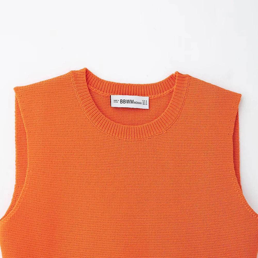 INS Fashion Orange Round Neck Sleeveless Knit Sweater for Women - Buy Center