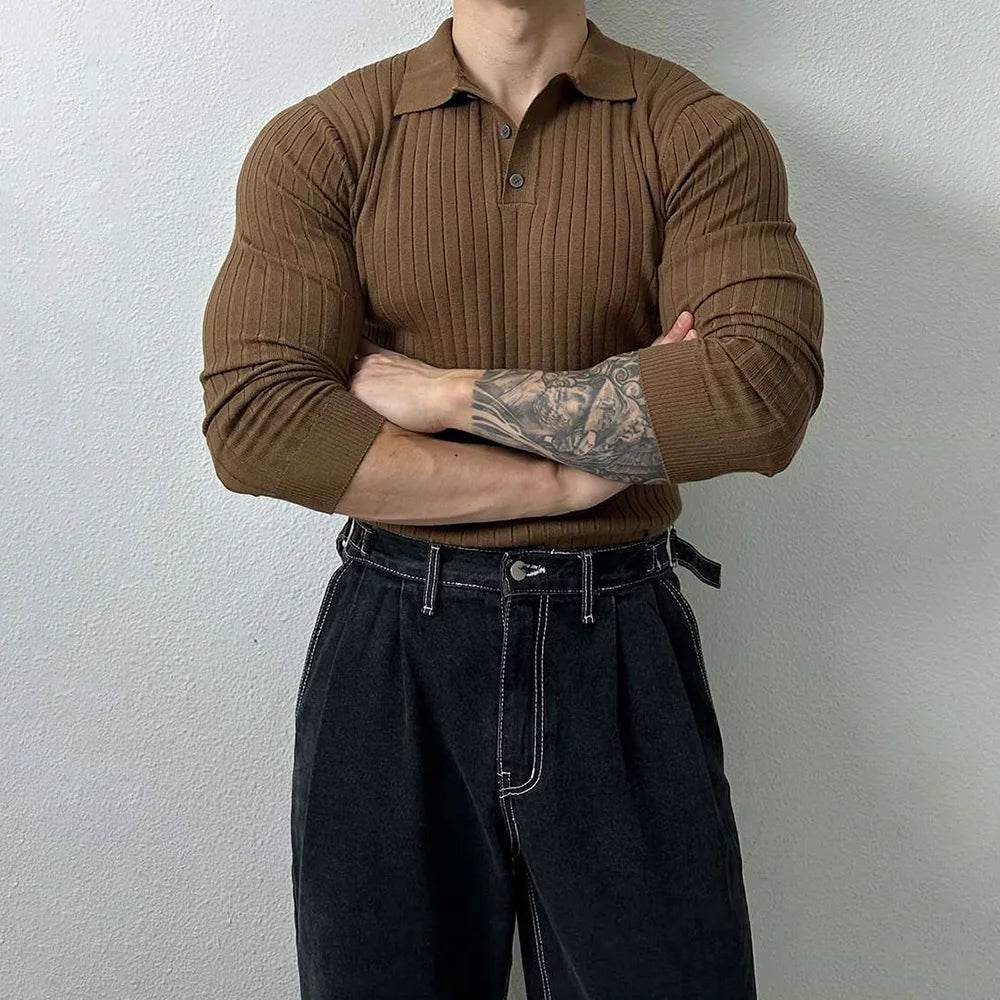 Mens Pullover Polo Korean Retro Stripe Temperament Ribbed Knit Top Autumn Slim Fit Long Sleeve Casual Trend Muscle Men's Clothes - Buy Center
