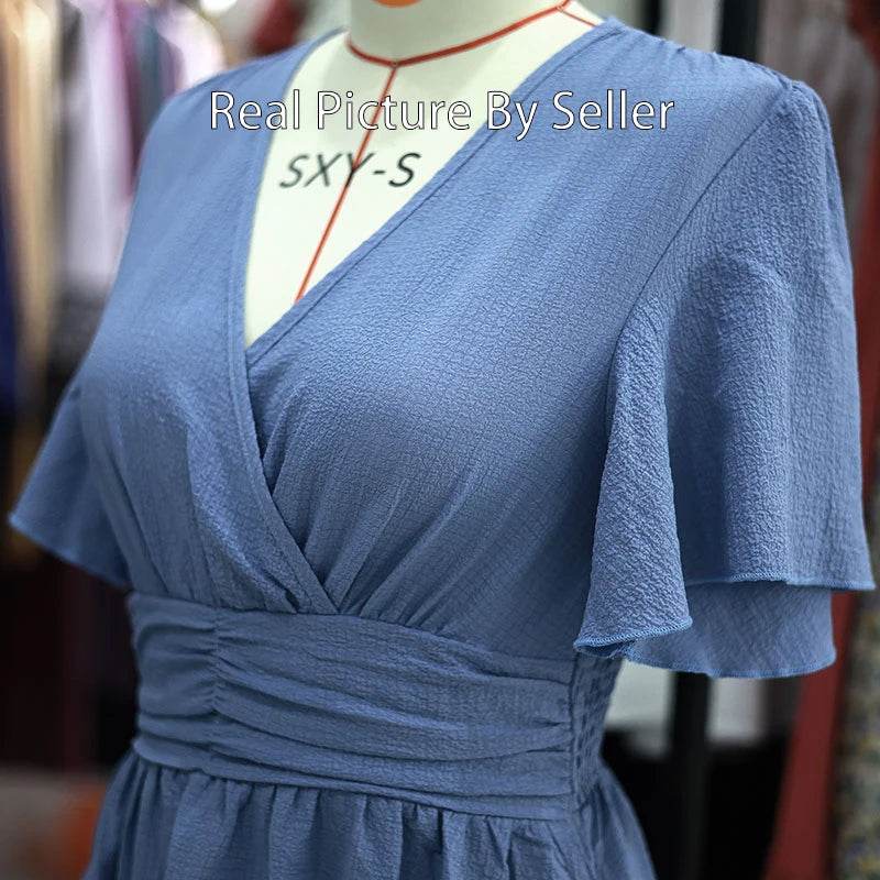 Chic Women's Pleated Ruffle Dress - V Neck Short Sleeve Summer Style - Buy Center