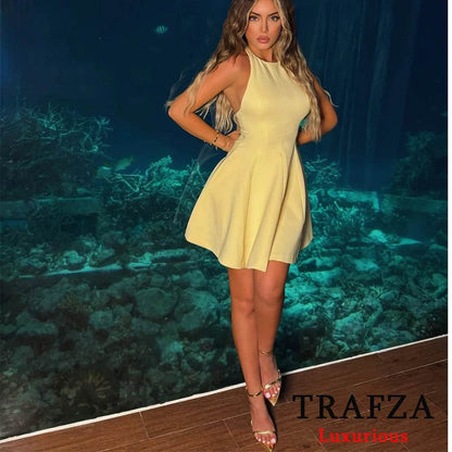 TRAFZA Chic Yellow Ruffle Halter Dress - Elegant Mini for Women - Buy Center