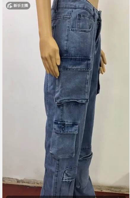 Trendy Women's High Waist Cargo Jeans - Distressed Denim Streetwear - Buy Center
