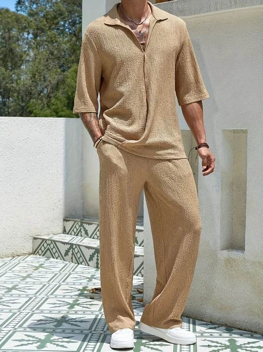 2025 Men's Retro Casual Beach Suit - Half-Sleeve Solid Color Shirt - Buy Center
