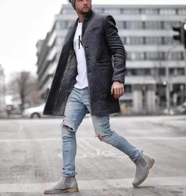 Men's Spring Woolen Trench Coat - Casual Street Style with Pockets - Buy Center