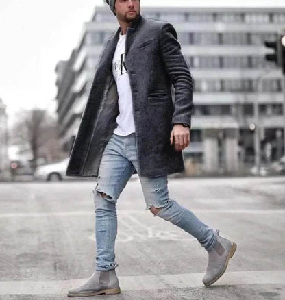 Men's Spring Woolen Trench Coat - Casual Street Style with Pockets - Buy Center