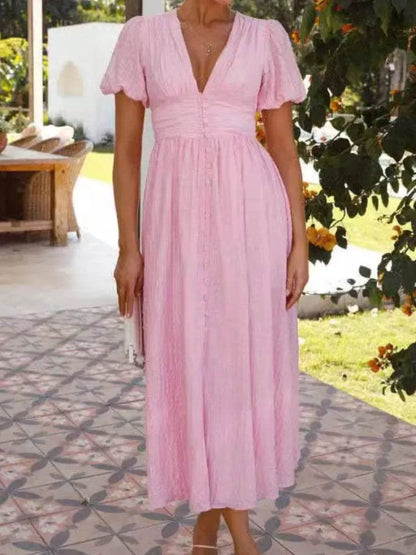 Women's Elegant V-Neck Puff Sleeve Dress - Summer Beach Party Style - Buy Center