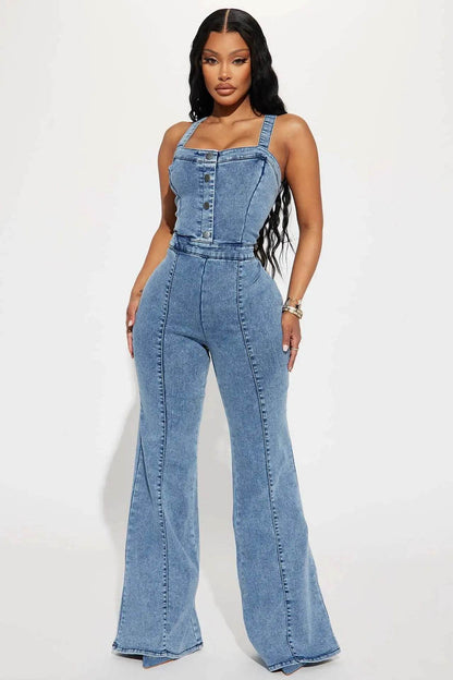Women’s Sexy Flare Jeans Rompers - Square Collar Ankle-Length Overalls - Buy Center