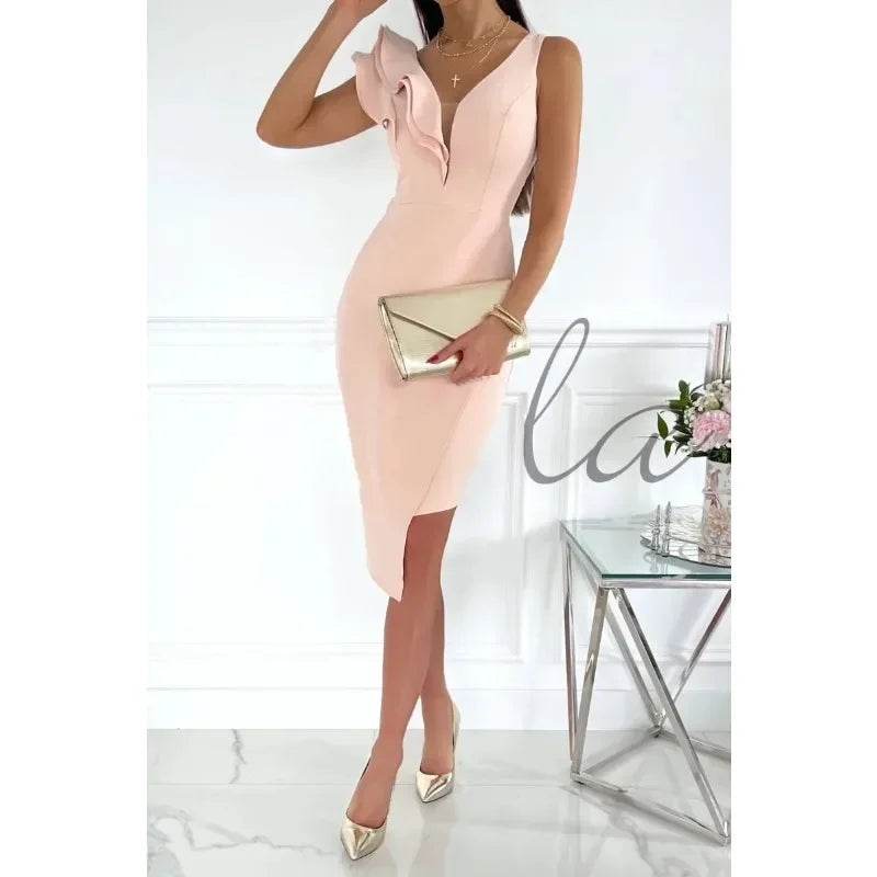 Women's Casual Summer Dress - Ruffle Edge V-Neck, Knee-Length - Buy Center