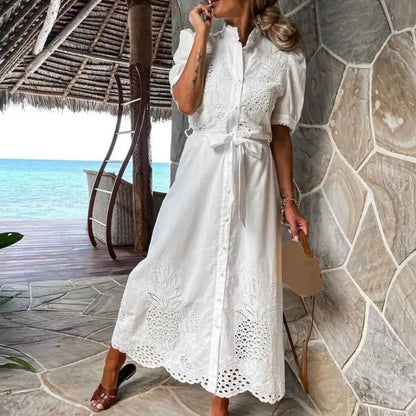 Elegant Women’s Lace-up Maxi Dress - Summer Puff Sleeve A-Line - Buy Center