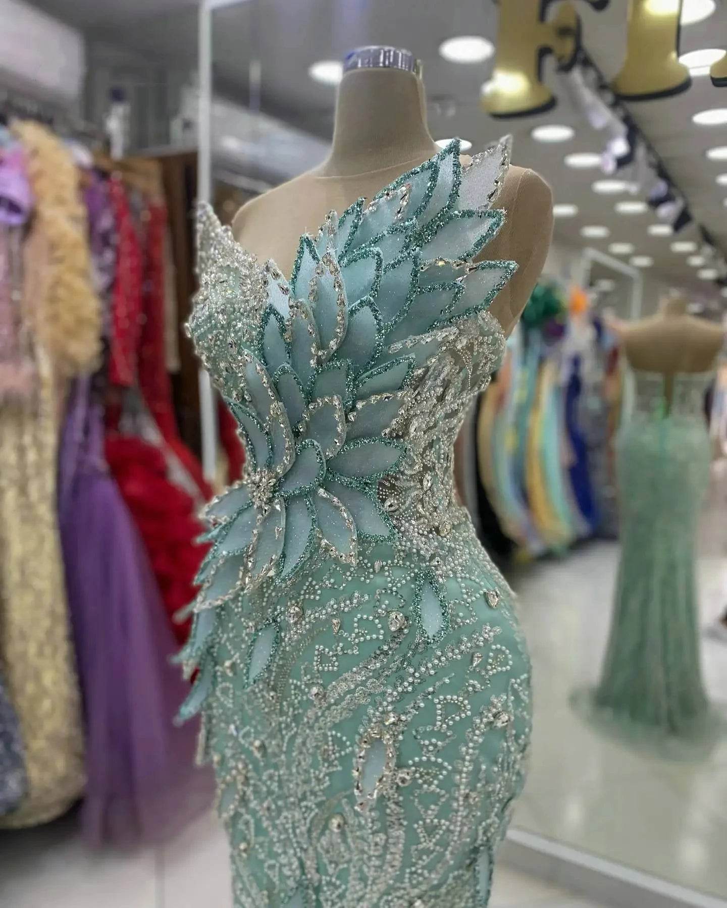 Mint Green 3D Flower Mermaid Dress - Sparkling Leaf Design for Events - Buy Center