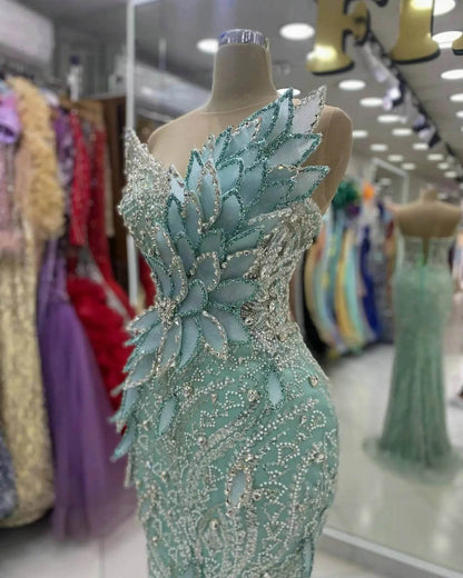 Mint Green 3D Flower Mermaid Dress - Sparkling Leaf Design for Events - Buy Center