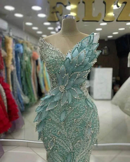 Mint Green 3D Flower Mermaid Dress - Sparkling Leaf Design for Events - Buy Center